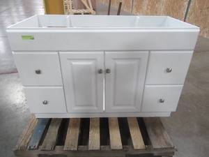 lot 453 image: Wyndham 48 in. W x 21 in. H Bathroom Vanity Cabinet in White Semi-Gloss - CABINET ONLY - SLIGHT SCRATCH AND DENT.