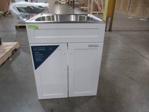 lot 351 image: Glacier Bay All-in-One 24.125 in. Stainless Steel Laundry Sink with Faucet and Storage Cabinet Model 1521US-24-262
