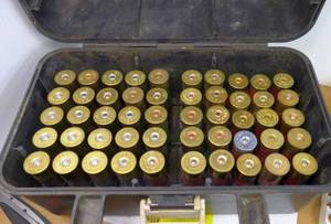 Case of 100 various 12 gauge shotgun shells, various loads, comes with carrying case