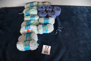 lot 17 image: Eleven Skeins CM Flavors Knitting Yarn  (Lt Blue & White)  & Five Skeins Of Blue & White Yarn