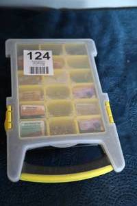 lot 124 image: Container W Lid Filled With Furniture Nails-Double Pointed Tacks-Upholstery Nails