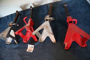 lot 135 image: Two Red & Two Silver Floor Jacks--Strongway Double Locking 3-Ton Jack Stands