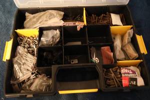 lot 145 image: Container With Compartments & Lid Filled With Galvanized Nails, Etc.