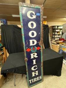 lot 14 image: Vertical Goodrich Tires single-sided porcelain sign