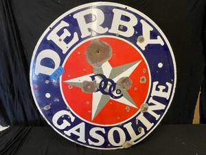 lot 17 image: 30 diameter Derby Gasoline double-sided porcelain sign