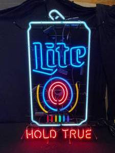 lot 21 image: Miller Lite beer can Pride  rainbow neon sign, hold true