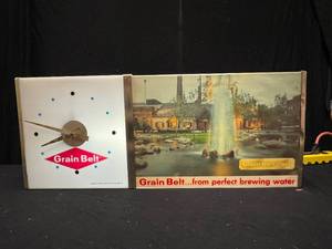 lot 33 image: Grain Belt Beer clock with backlit Grain Belt Brewery image