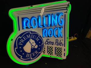 lot 58 image: Rolling Rock backlit plastic sign with exposed neon