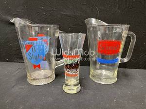 lot 118 image: Old Style pitcher, Schmidt pitcher, Bud Clydesdales holiday pilsner glass