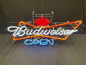 lot 126 image: Budweiser bowtie with Open neon sign