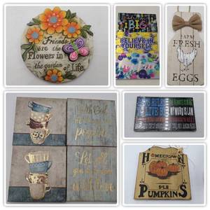 lot 38 image: Fun Home Decor Sign Collection, Friends, Dream Big,Believe in Yourself,Live Free,Teacup Canvas Prints,Matthew 1926,Corinthians 1601 And More