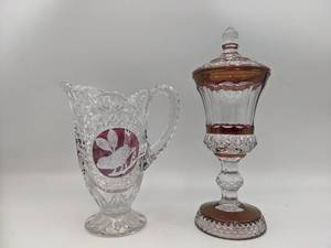 lot TF-04 image: Rare Vintage Hofbauer Glass Pitcher From The Ruby Byrdes Collection & Waterford Glass Urn with Top