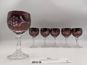 lot TF-05 image: Set of 6 Beautiful Vintage Cut Crystal Ruby Wine Glasses