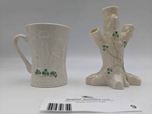 lot TF-09 image: Vintage 2007 Belleek Signed Trademark Mug & Tree Vase