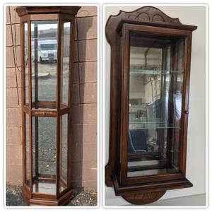lot TF-27 image: 2 Gorgeous Curio Cabinets-Phillip Reinisch Oak Corner Curio Cabinet 72 x 19 x 9.5x 9.5x 9.5  and 30 x 14.5 x 6.5 Wall Curio Cabinet