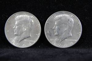 2 1964 Kennedy Silver Half Dollar Coins - PD