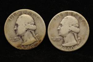 2 1940 Washington Silver Quarter Coins - PS