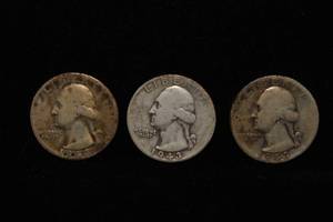 3 1943 Washington Silver Quarter Coins - PDS