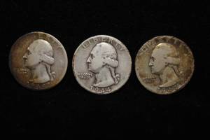 3 1944 Washington Silver Quarter Coins - PDS