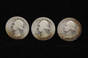 3 1945 Washington Silver Quarter Coins - PDS