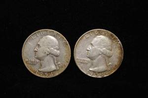 2 1954 Washington Silver Quarter Coins - PD