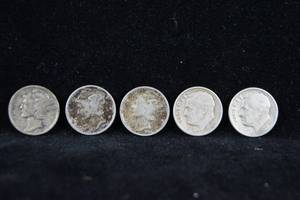 5 Silver Dime Coins - 3 Mercury2 Roosevelt
