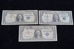 3 1957 Blue Seal $1 Silver Certificates