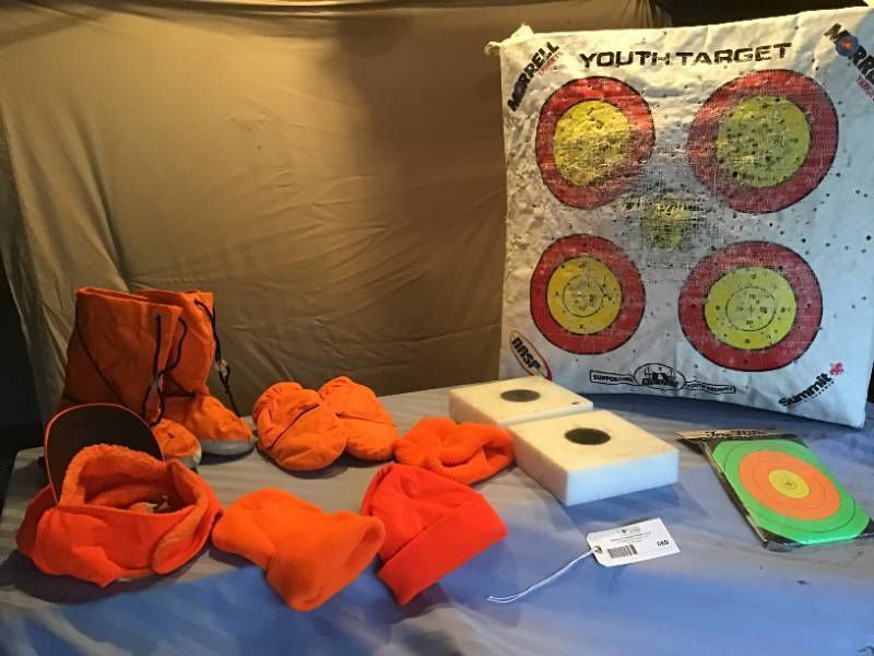 lot 669 image: Archery Targets and Blaze Orange Hunting Hats, Gloves and Boot Liners