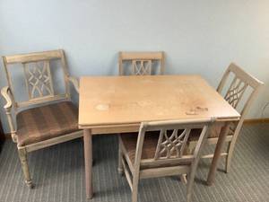 lot 10 image: Blonde Fold-open Table, Adjustable, with 4 chairs