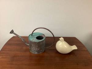 lot 45 image: Copper Watering Can & Ceramic Bird