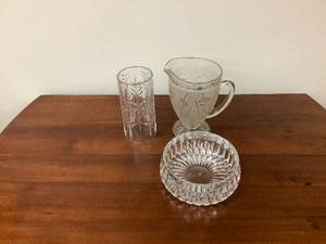 lot 58 image: Glass Candle holder, Candy Dish & Pitcher