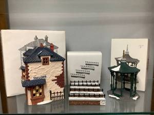 lot 73 image: Dept 56, Set #11 Walpole Tailors, Churchyard Fence Extensions, & Town Square Gazebo