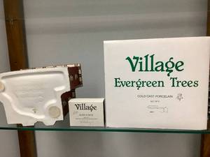 lot 75 image: Dept 56, Set #13 Boardinghouse, Sled & Skis, & Evergreen Trees