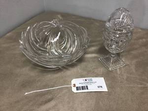 lot 576 image: Glass Crystal Cut Bowl and Glass Crystal Cut Egg with Cover.