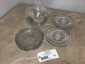 lot 578 image: Glass Crystal Cut Serving Plates and Glass Crystal Cut Covered Dish