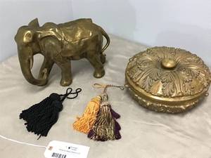 lot 581 image: Brass Elephant, Gold Trinket Box and 4 Drapery Tie-Backs