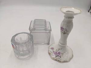 lot 105 image: Vintage Limoges France Porcelain Candlestick, Crystal Candlestick, & Crystal Container