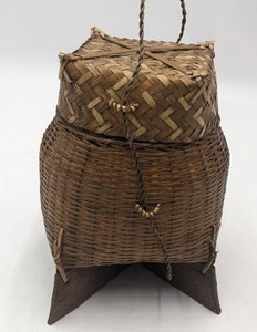 lot 110 image: Vintage Asian Bamboo Rattan Wood Base Rice Basket (Valued $50)