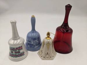 lot 29 image: 4 Vintage Bells-Vintage South of The Border Porcelain Bell Vintage Ruby Glass Bell Vintage Porcelain Bell Vintage Porcelain Currier & Ives Bell