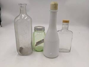 lot 26 image: Rare Antique & Vintage Bottles-9 1800s Fornis  Alpenkrauter Blutbel Medicine Bottle  5 Green Depression Glass Salt Shaker 9 Vintage Milk Glass Bottle 6.5 Vintage Medicine Bottle