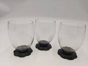 lot 38 image: 3 Vintage Weston Black Lily Pad Footed Cordial Glasses