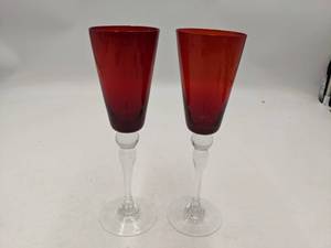 lot 97 image: Gorgeous Ruby  Red and Clear Hand-Blown Glass Wine Glasses