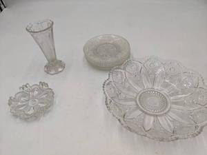 lot 09 image: Stunning Depression Glass Collection-Cut Glass Serving Dish  Trumpet Vase 5 Plates Small Cut Crystal Dish