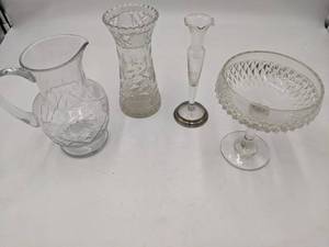lot 13 image: Stunning 4 Piece Vintage Cut Crystal Collection-Vase, Pitcher, Indiana Glass Company Diamond Point Compote,Princess House Bud Vase