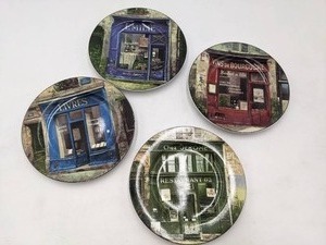 lot 14 image: Set of 4 Stoneware 8.25 SaladDessert Sakura Parisian Storefronts Plates with Original Artwork Design by Chiu