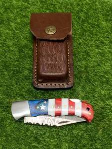 Red, White, Blue Damascus Knife with Leather Sheath