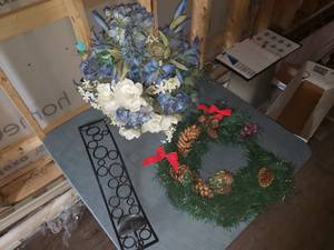 Wreath, Fake Flowers and Sconce