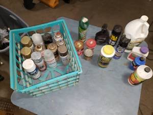 Milk Crate of Fluids and Old Spray Paints