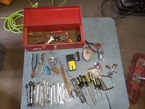Red Metal Tool Box with Contents
