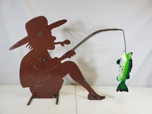 New Handmade Recycled Metal Garden Art Man Fishing
